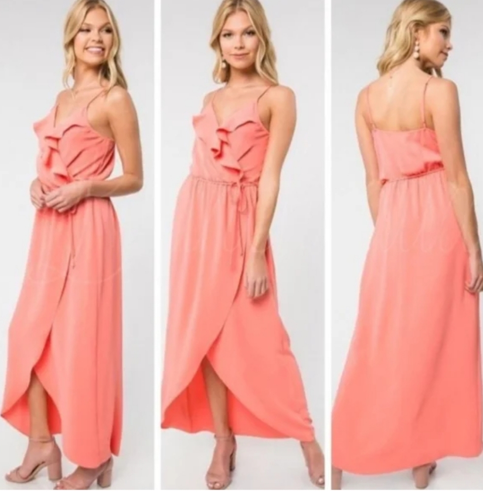 Everly Pink Ruffle V-Neck Tie Waist High-Low Maxi Dress Size Small